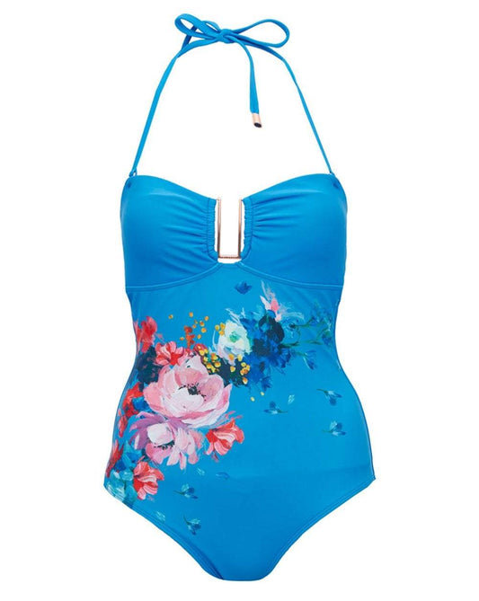 Blue Flower Pattern Swimsuit